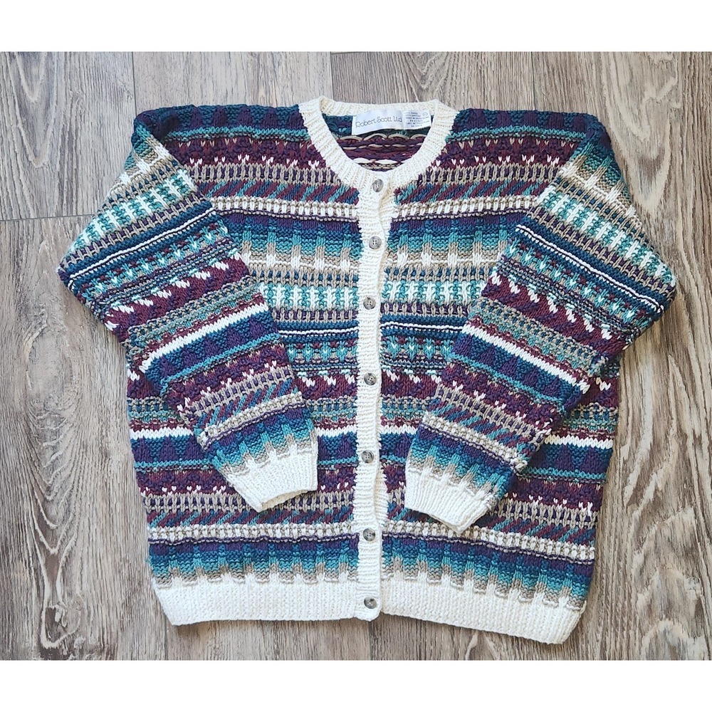Vintage Robert Scott Chunky Knit Cardigan Sweater Womens Medium Ramie Cotton 90s